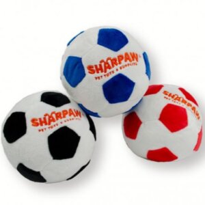 FLUFFY CHUMS PELUCHE BALÓN FÚTBOL SOCCER CON SONIDO SHARPAW COLORES AZUL, ROJO Y NEGRO - MEDIDA 20CM