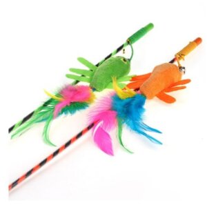 JUGUETE PARA GATOS PAWFFY STICK CON CUERDA, CANGREJO DE PELUCHE, PLUMAS  Y CASCABEL - BLISTER 1PC