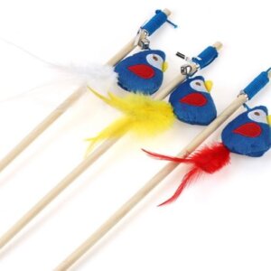 JUGUETE PARA GATOS PAWFFY STICK CON CUERDA, PINGUINO DE PELUCHE, PLUMAS  Y CASCABEL - BLISTER 1PC